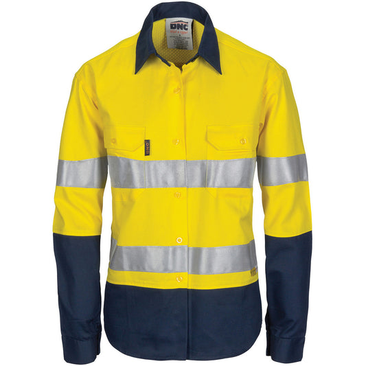 DNC Ladies HiVis 3 Way Cool-Breeze Cotton Shirt with Gusset Sleeve, 3M R/Tape - Long Sleeve 3749
